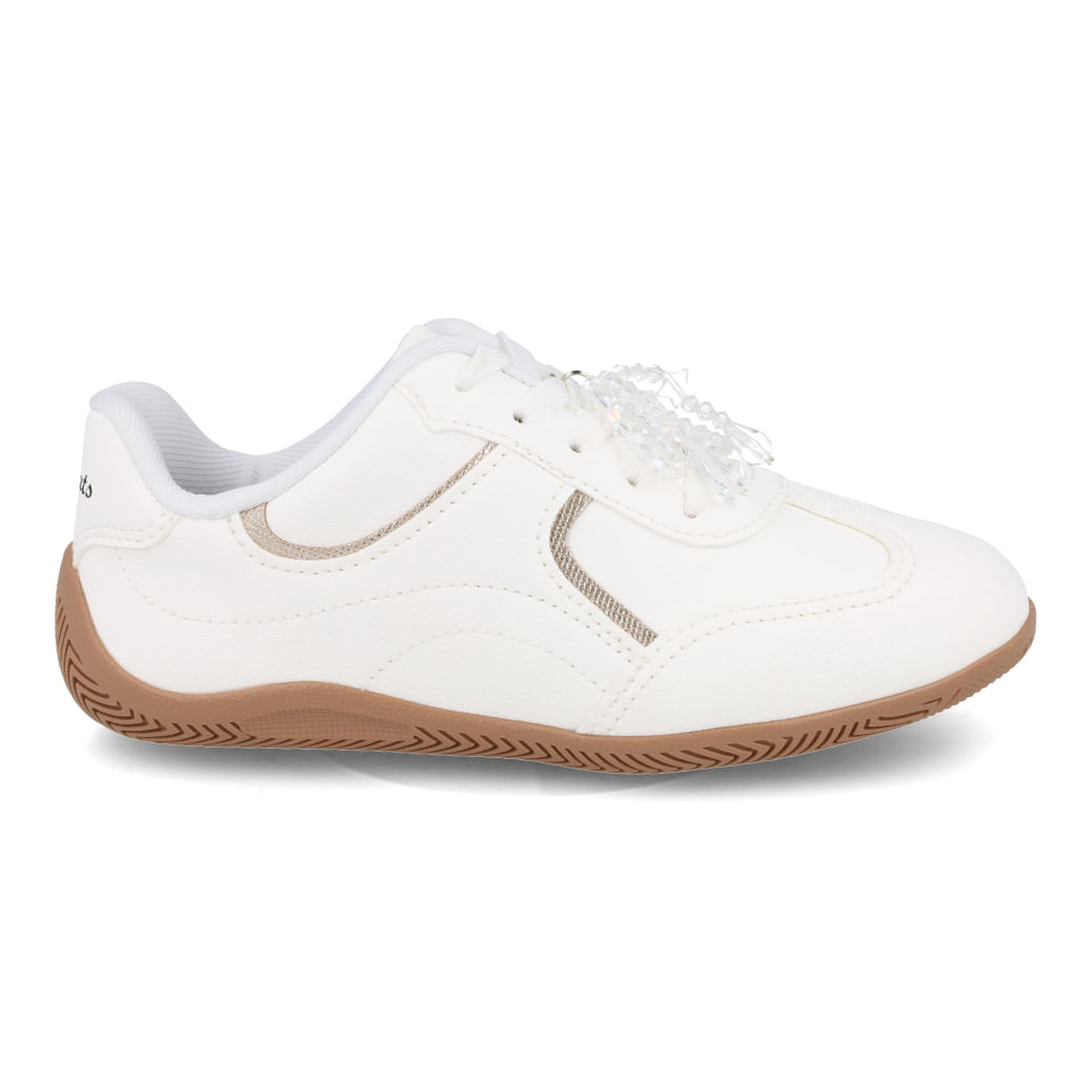 Tênis casual infantil feminino Pink Cats branco com detalhes champagne, vista lateral direita